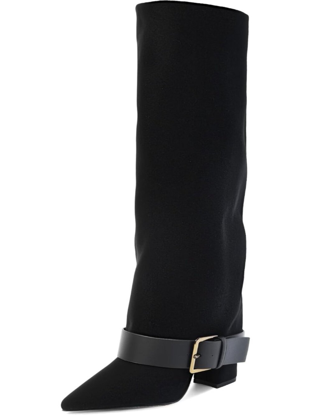 Women's Black Suede Fold Over Chunky High Heel Wide Calf Pointed Toe Buckle Boot
